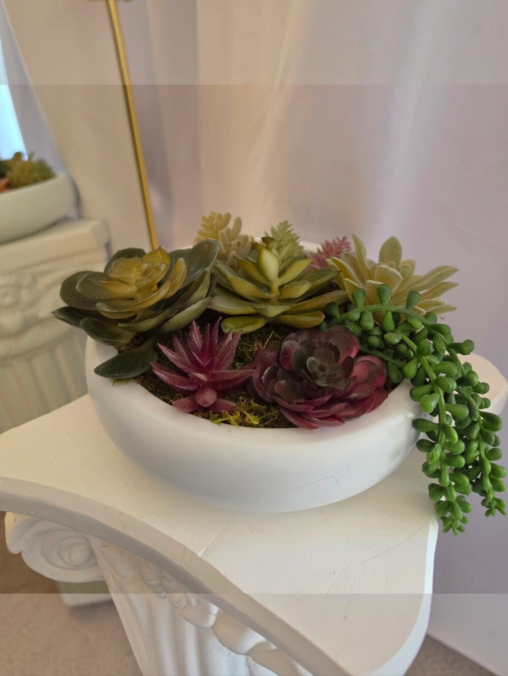 NEW MyGift Faux Succulent Arrangement Green Hues White Planter Tabletop Sz 8" L